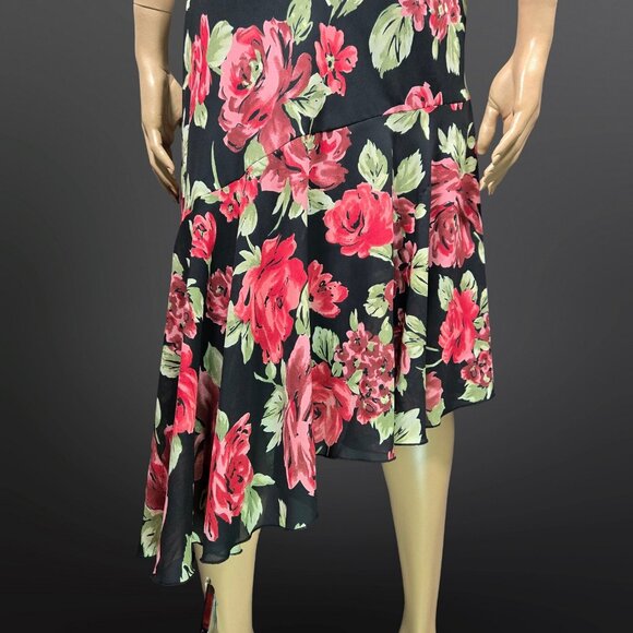 Vintage 90s Y2K Rose Print Black Midi Dress Size 8 Sleeveless Asymmetric Hem - Picture 7 of 9